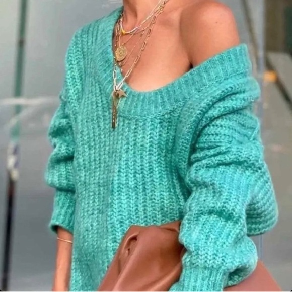 Free People Blue Bell Teal Blue V Neck Sweater New With Tags - Picture 3 of 5